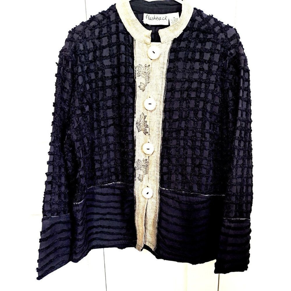 Vintage Flashback Women's M Black Tan Button Front Mandarin Collar Jacket Blazer